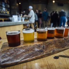 a beer sampler tray with six shot-glass-sized glasses