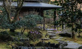 stone path to teahouse in garden