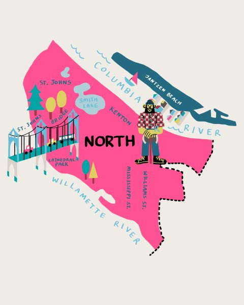 a colorful map of North Portland highlighting prominent neighborhoods and landmarks