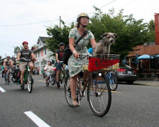 a woman riding in front of a group of cyclists with a dog in her bike basket